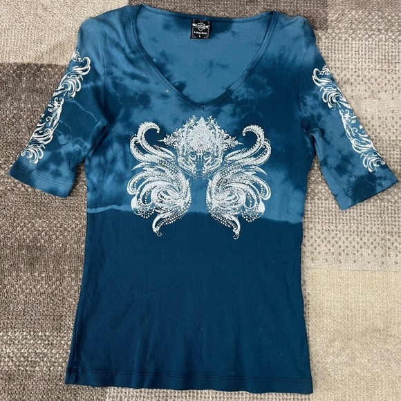 Y2K Sledge USA A New Kind Blue Tie Dye Graphic Print V Neck Ribbed Tee Top L - Picture 3 of 6